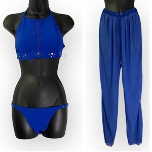 SHAN Three Piece Bikini Swimsuit Set: Top, Bottoms, Coverup Pants in Royal Blue